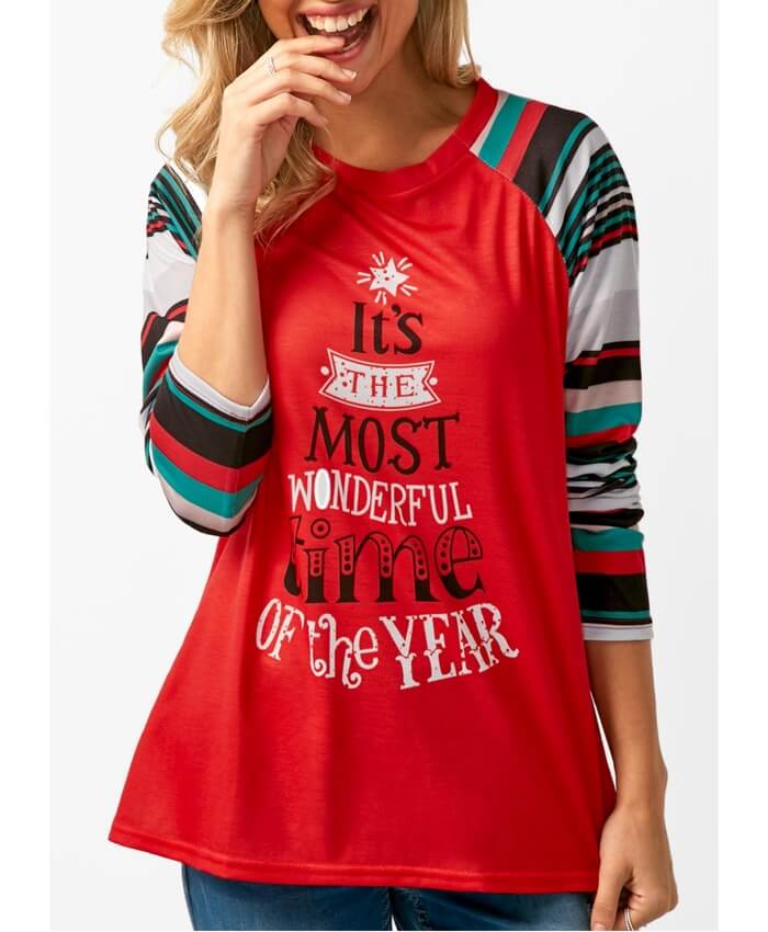 Long Sleeve Letter Print Red T Shirt